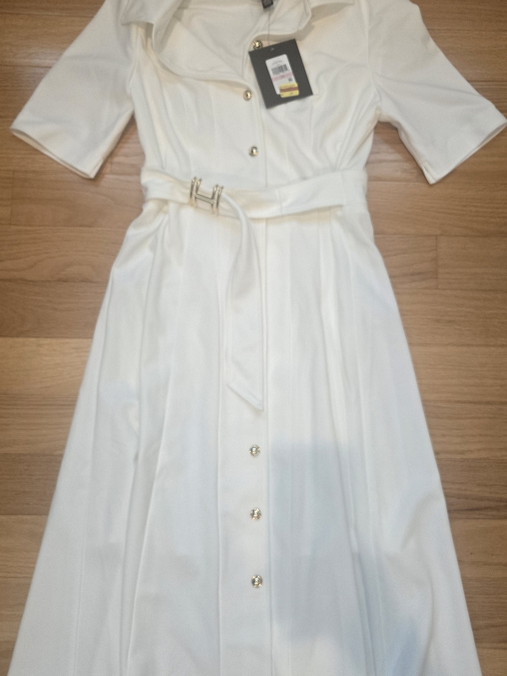 Halston Heritage Cream Button-Front Belted Midi Dress